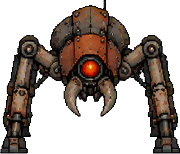 Crawler: low four-legged machine with mandibles and one red eye