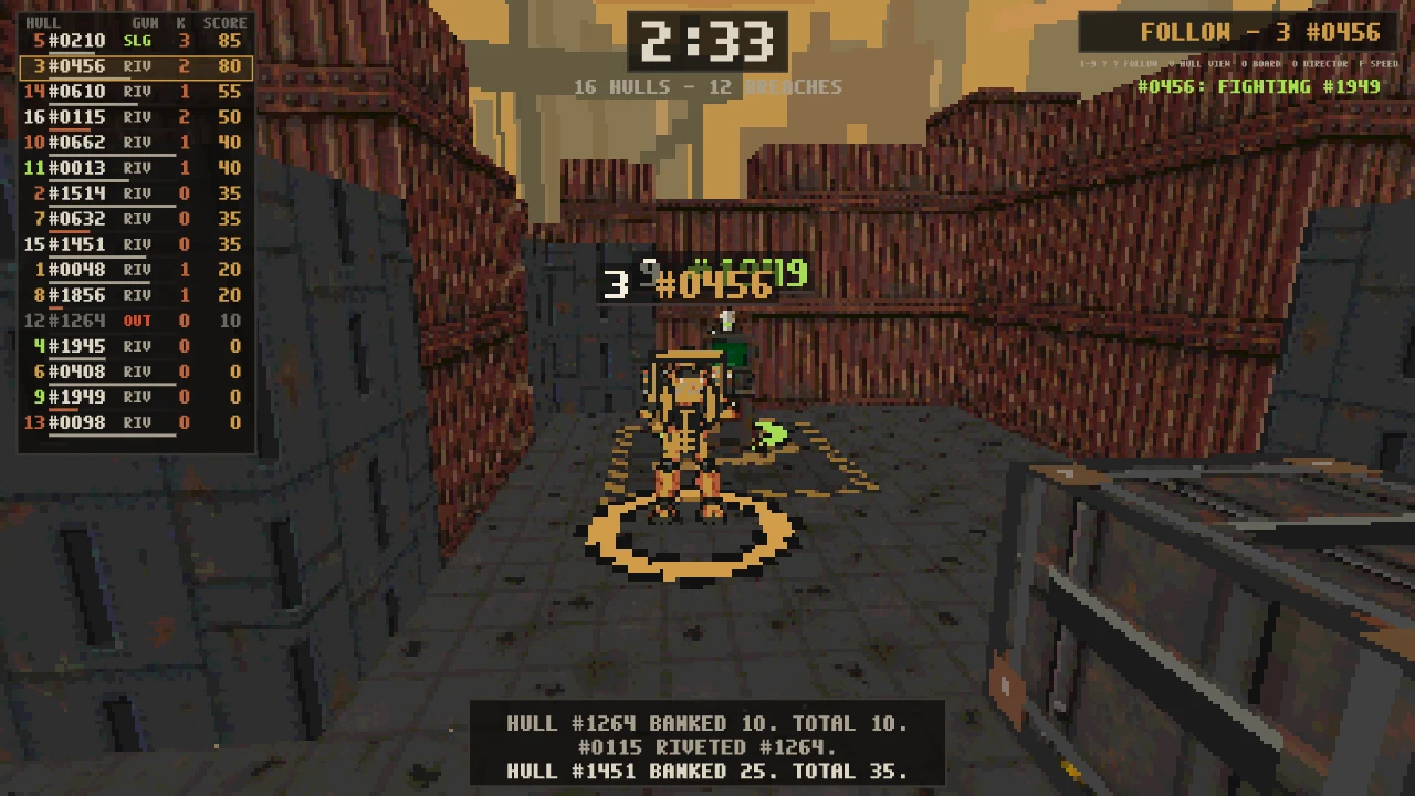 In-game: following one Hull through the Arena, its current goal shown in the HUD